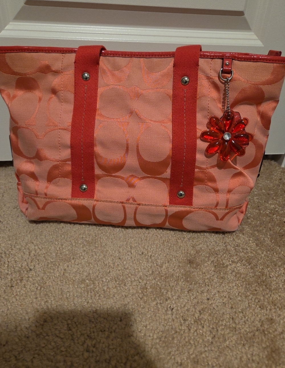 Coach Coral Tote with Pink Trim and Flower Charm